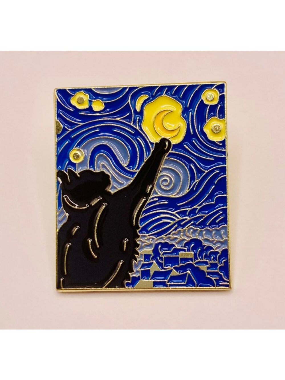 Starry Night Cat Enamel Pin - Black Cat & Moon Design Gold-Tone -35B